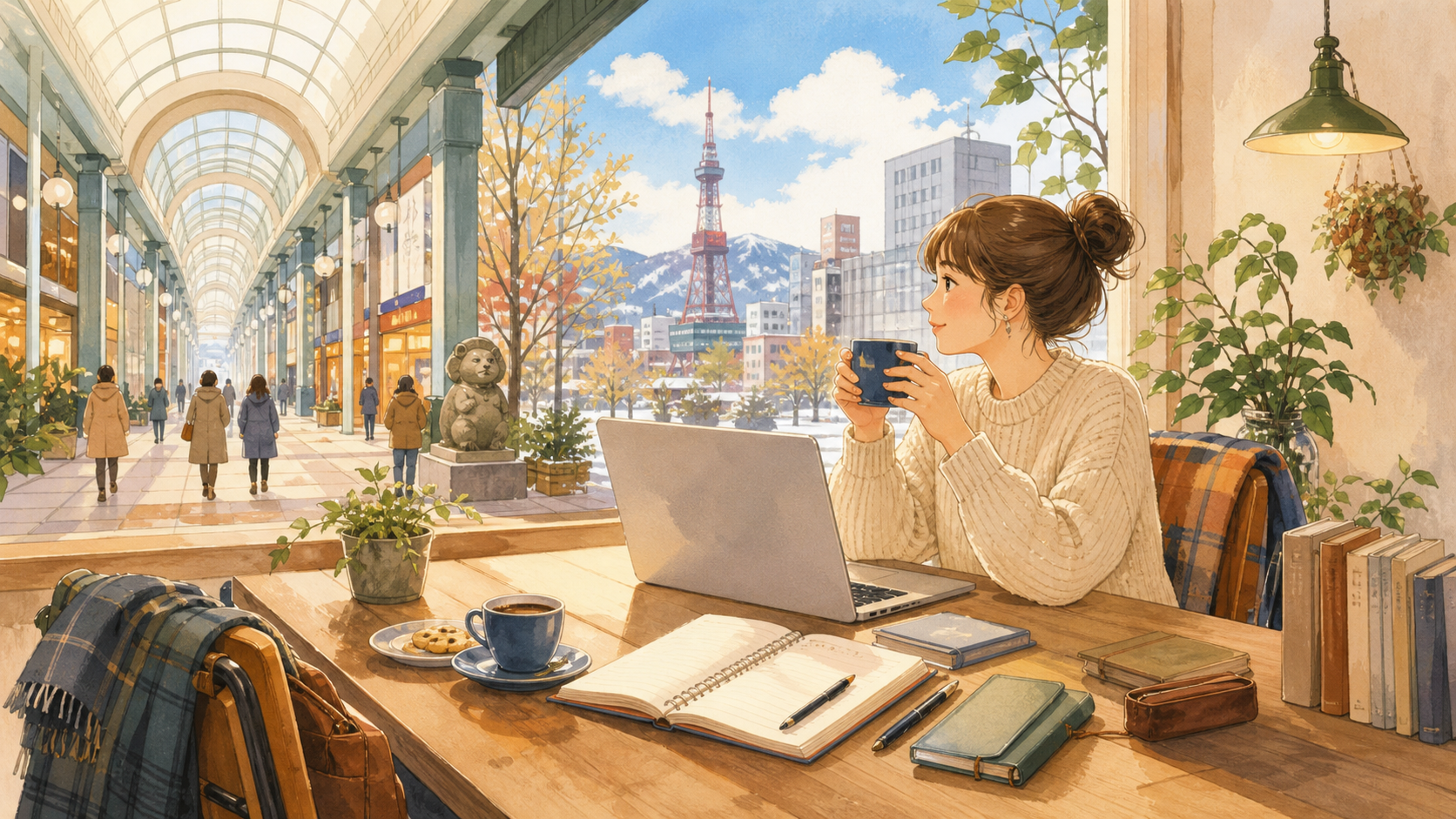 札幌の街並みを眺めながら、カフェでノートパソコンとコーヒーを楽しむイラスト