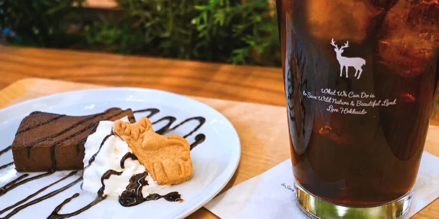 カフェのテーブルに置かれたチョコレートケーキとアイスドリンク